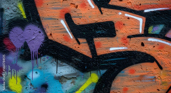 Fototapeta Detailed close-up of vibrant street art featuring bold black lines and shapes layered over textured orange and purple paint, creating a dynamic and visually engaging abstract composition.