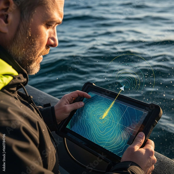 Fototapeta Close-up of engineer with planset with sonar of reconnaissance boat in action monitors data in real time which emits sound waves into seawater revealing contours of seabed, sea and ocean research