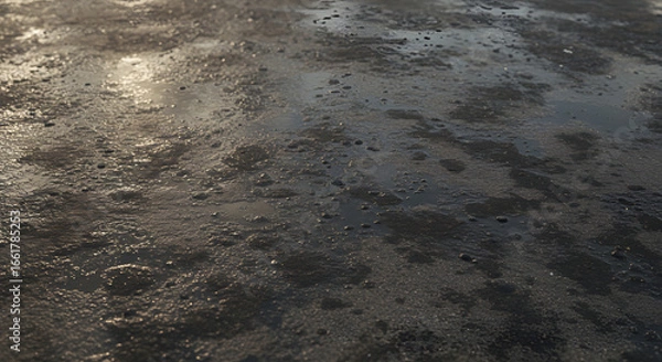 Fototapeta Abstract textural view of a wet surface with numerous small puddles reflecting light, emphasizing the interplay of light and shadow on the uneven terrain, creating a stark yet captivating visual.