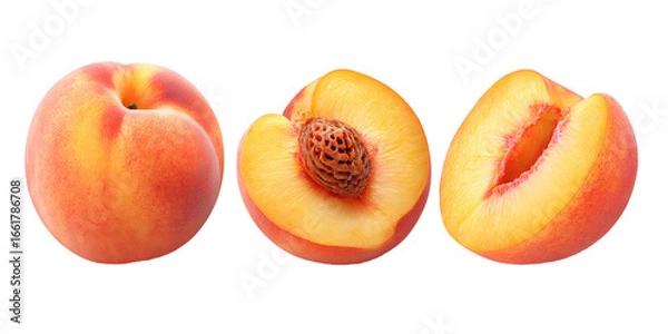 Fototapeta Whole peach, half with seed and peach slice isolated on transparent background, showing the ripe pulp and the seed