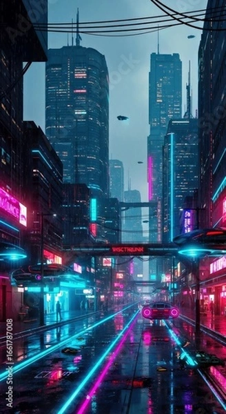 Fototapeta Dynamic cyberpunk cityscape photorealistic background.