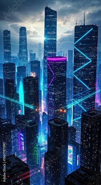 Fototapeta Dynamic cyberpunk cityscape photorealistic background.