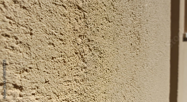 Fototapeta Close-up reveals the intricate texture of a beige stucco wall, where light plays to enhance the rough, granular surface and deep shadows, creating a warm, organic and tactile visual experience.