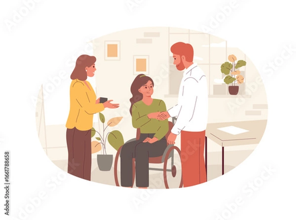 Fototapeta A woman in a wheelchair is warmly welcomed by her colleagues in a friendly office. This vector illustration symbolizes a positive, inclusive workplace where everyone contributes as equals