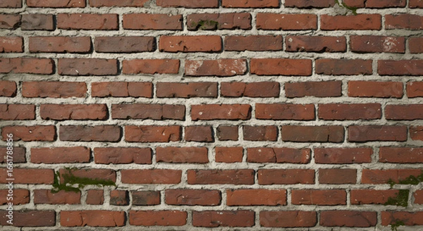 Fototapeta A textured red brick wall showcases weathered details and aged mortar, creating a rustic and organic background with hints of green moss adding a natural touch to the aged construction.