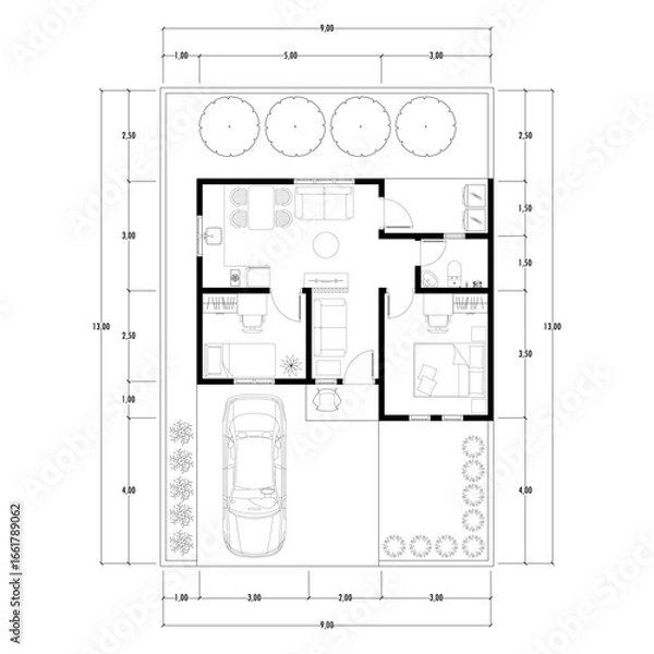 Fototapeta Black and White floor plan of a modern unfurnished house for your design. Suburban house vector blueprint. Architectural background.	