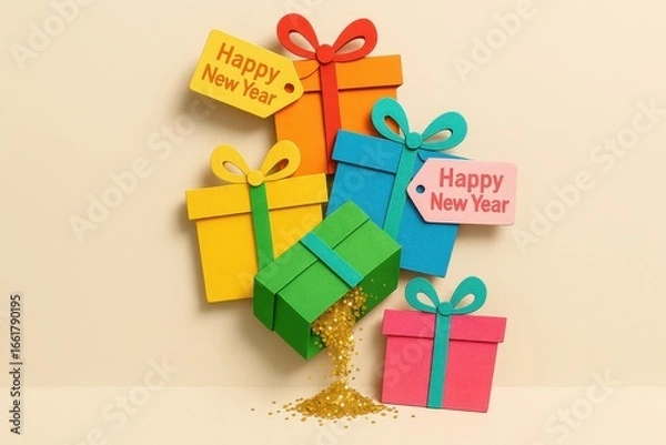 Fototapeta Festive new year gift boxes stack with various bright ribbons, labels and celebratory confetti decoration