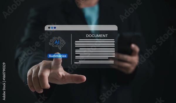 Obraz Artificial intelligence summarizing document on digital screen, representing AI technology, machine learning, automation, data processing, smart solutions for efficient information management.