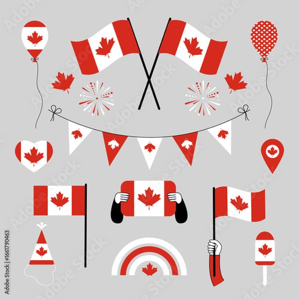 Fototapeta Canada celebration illustration with maple leaf, Canadian flag, rainbow, heart, small flags, ice cream, fireworks, confetti. Red and white festive design representing Canadian pride and joy.