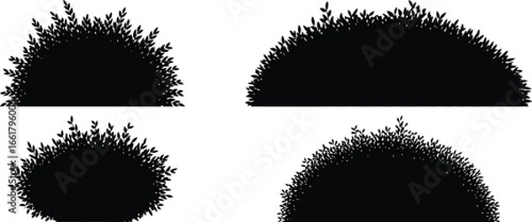 Fototapeta Four black silhouette shapes of dense foliage and bushes on white background