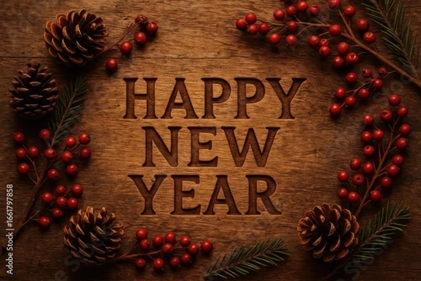 Fototapeta Rustic pinecones and berries on wood background with happy new year engraved for holiday nature decor