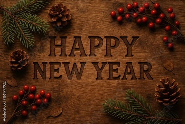 Fototapeta Christmas pine and berry rustic card with happy new year sign engraved on wood grain background