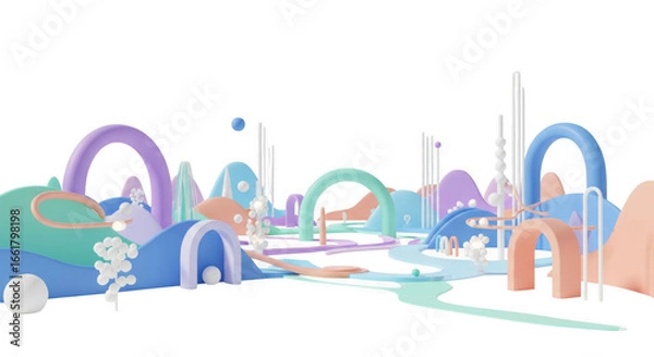 Fototapeta Whimsical pastel landscape with arches and spheres against a black background