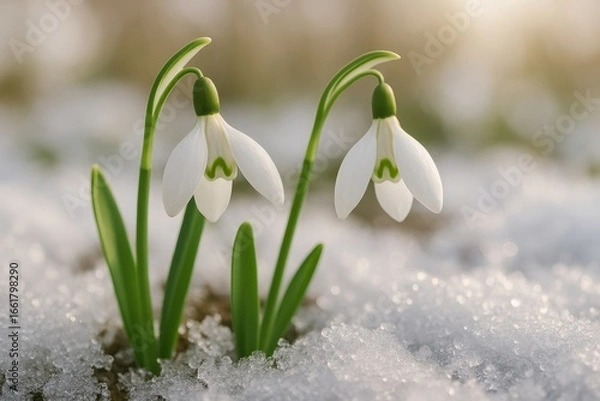 Fototapeta Pure fresh snowdrops emerging from snowy ground marking first signs of spring renewal in garden