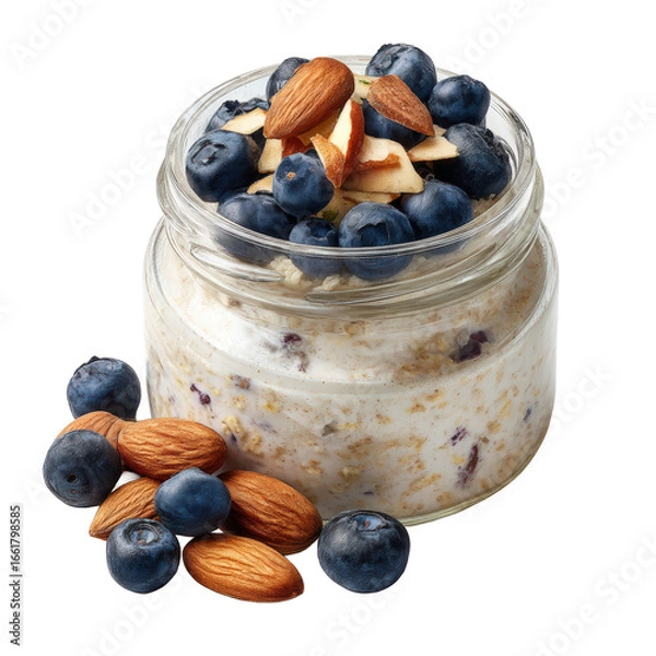 Obraz Healthy overnight oats with blueberries and almonds in glass jar isolated on transparent background