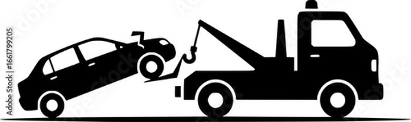 Fototapeta simple tow truck towing broken down car silhouette side view icon symbol transparent background

