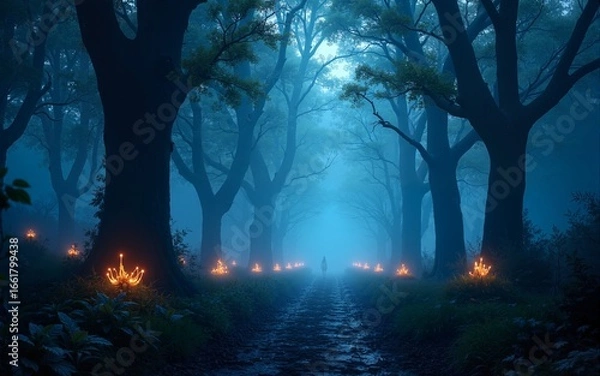 Obraz Mystical magical enchanted forest at night with glowing lights. AI generative. High quality