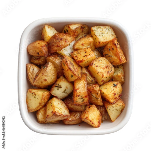 Obraz Delicious roasted potatoes in a white bowl isolated on transparent background