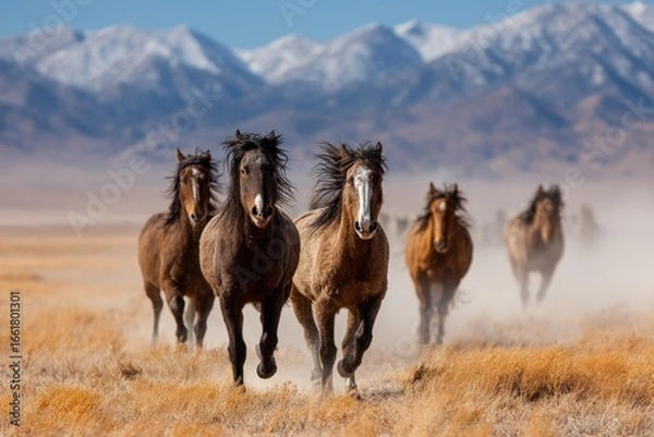 Fototapeta Wild horses running across grassland with windblown manes under clear blue sky