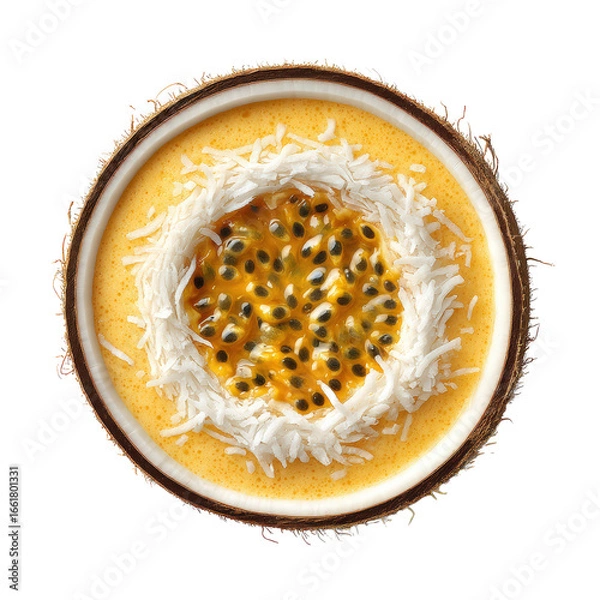 Obraz Delicious dessert with passion fruit and coconut garnish isolated on transparent background