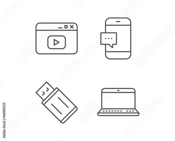 Obraz Notebook, USB flash drive and Browser window line icons. Smartphone communication sign. Computer devices. Quality design elements. Editable stroke. Vector