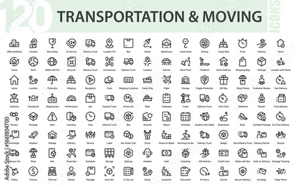 Fototapeta Line-style web icons for transportation and moving services.  Packing, loaders, collection, office relocation, and courier.  Pack of thin outline icons.