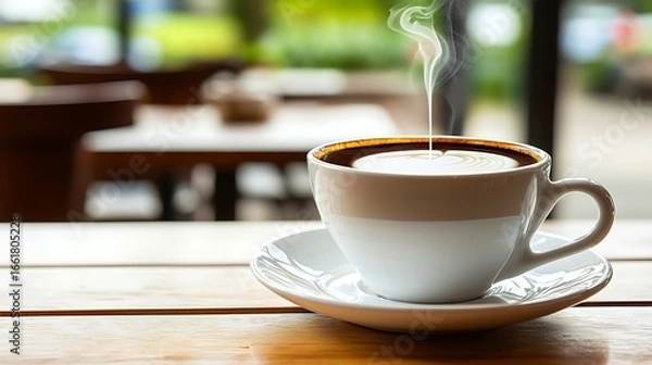 Fototapeta Mirrorless 50mm lens, sharp focus on milk stream swirling into coffee, blurred background of cafe softly lit