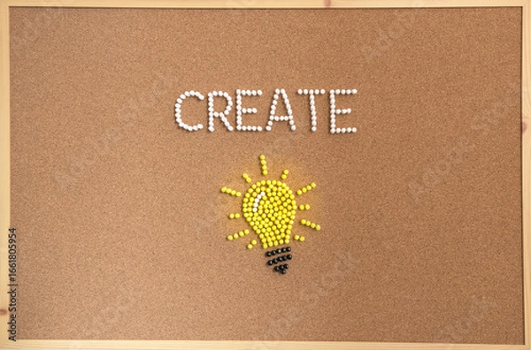 Fototapeta Minimal concept image of a glowing yellow lightbulb with the word CREATE beside it, symbolizing creativity, innovation, new ideas, inspiration, and imagination in a modern design.