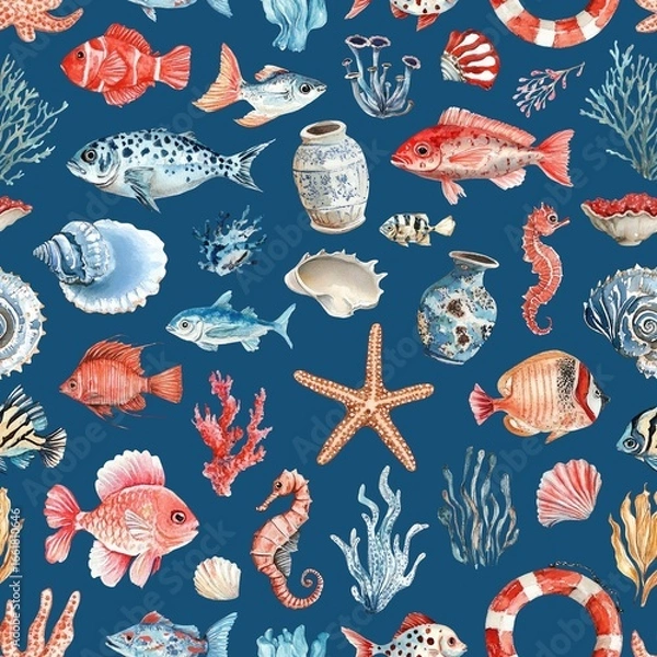 Fototapeta Watercolor seamless marine pattern with fish, shells, corals, algae on a blue background.
