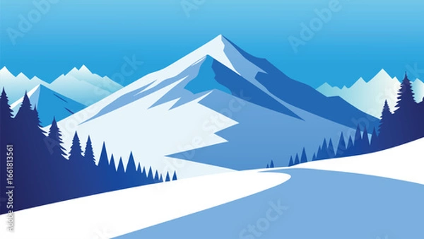 Fototapeta Ski slope surrounded by snow-covered mountains and evergreen trees under a clear blue sky flat background