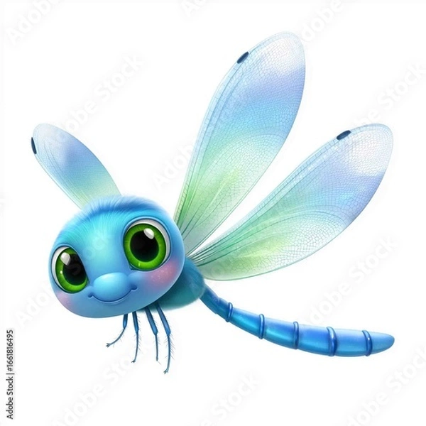 Fototapeta Whimsical Dragonfly in Flight: A charming, animated dragonfly with large, expressive eyes takes flight, exuding an aura of joyful innocence and lightheartedness.