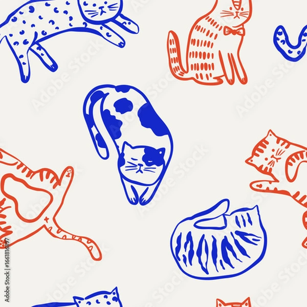 Fototapeta Playful seamless pattern with hand-drawn trendy cats.