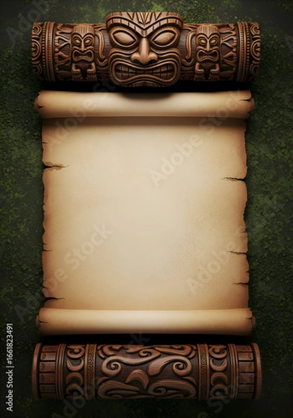 Fototapeta Tiki Scroll Background with Tropical Leaves