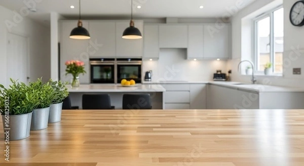 Fototapeta Maple butcher block countertop in sharp focus with blurred open-plan kitchen background, light grey cabinetry and greenery accents, natural daylight interior photography for modern stock imagery