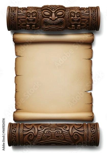 Fototapeta Tiki Scroll Background with Tropical Leaves