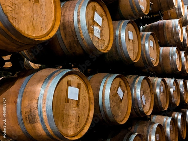 Obraz Many oak barrels for storing wine or whiskey stacked in dark cellar. Winery production process and aging concept. Big round wine cellar for storage of alcoholic beverages placed inside modern factory