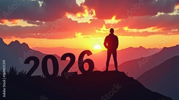 Fototapeta "2026" and Silhouette man in mountains against backdrop of bright colorful sunset. Silhouette of number "2026" on mountain, concept Happy New Year celebration