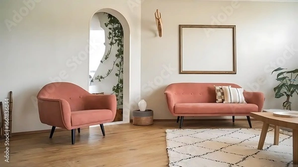 Fototapeta Terra cotta rustic armchair and sofa near the wall with a frame. Scandinavian interior design of a modern living room.