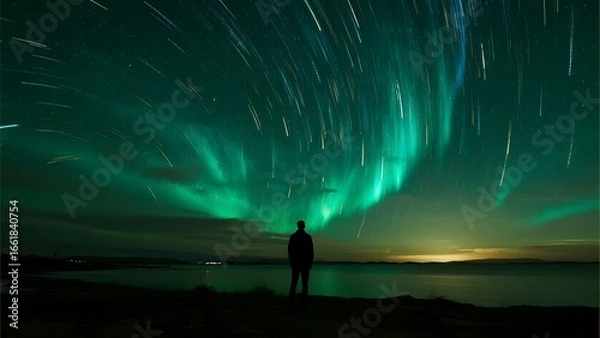 Fototapeta Silhouette of a person observing the vibrant aurora borealis under a starry sky