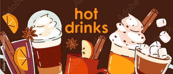 Fototapeta Banner with autumn, winter hot drinks. Pumpkin latte, hot chocolate, coffee with cream, mulled wine, cocoa with marshmallow. Background with drinks. Vector illustration.	