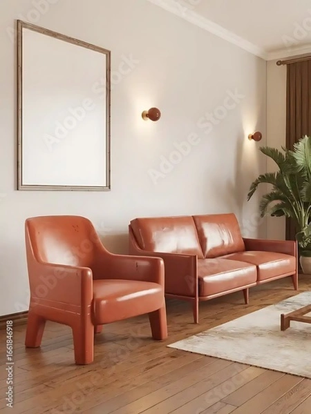 Fototapeta Modern living room with terra cotta armchair and sofa against wall with frame, showcasing Scandinavian interior design.