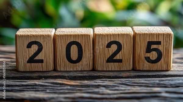 Fototapeta Year 2025 Wooden Blocks: A close-up shot of four wooden blocks displaying the year 2025, neatly arranged on a rustic wooden surface, evoking anticipation and the promise of new beginnings. 