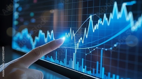 Fototapeta Analyzing stock market data on a screen with finger pointing at the graph chart
