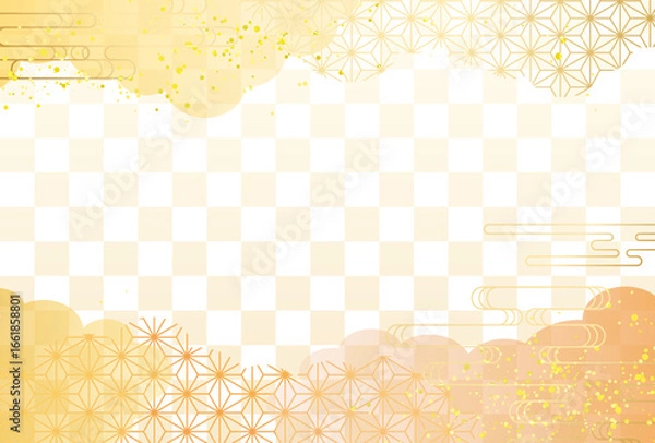 Fototapeta 秋　オレンジ　和柄　金・高級感・雲　市松模様　背景