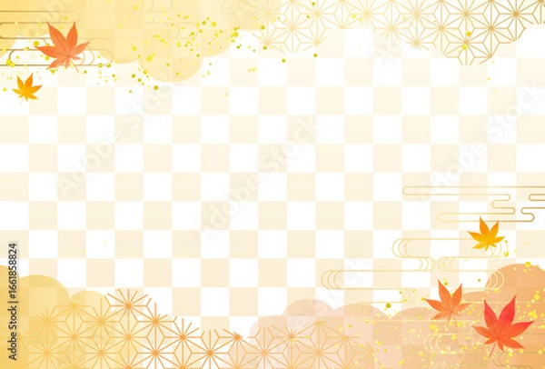 Fototapeta 秋・紅葉　オレンジ　和柄　金・高級感・雲　市松模様　背景