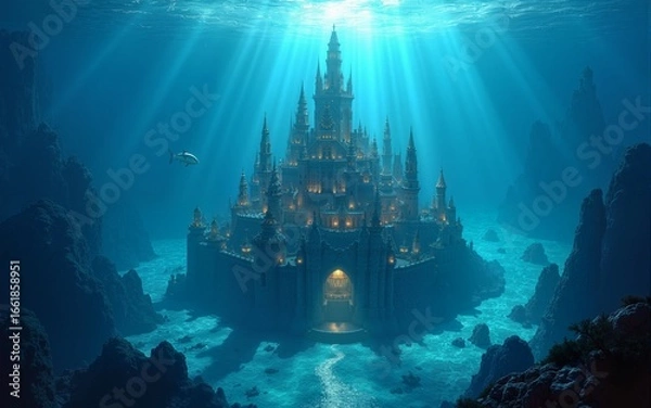 Fototapeta Magnificent underwater city in glowing aquamarine realm fantastical submerged metropolis in shimmering ocean depths. Sapphire Ocean Depths. Illustration. High quality