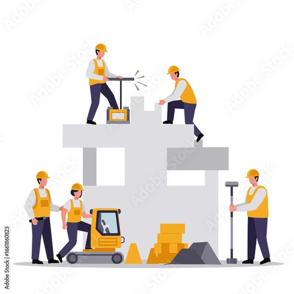 Fototapeta Dedicated construction workers in hard hats and safety vests collaborate diligently, building a new structure and showcasing teamwork on a busy site.