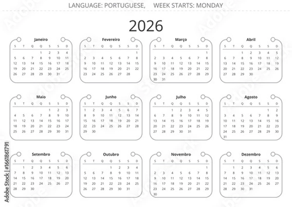 Fototapeta PORTUGUESE calendar for 2026 year. Simple modern vector illustration Portugal