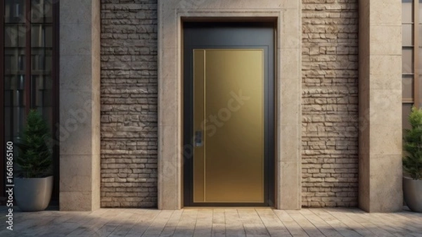 Fototapeta Sleek Golden Door with an Inviting Glow, Set in a Modern Textured Stone Facade