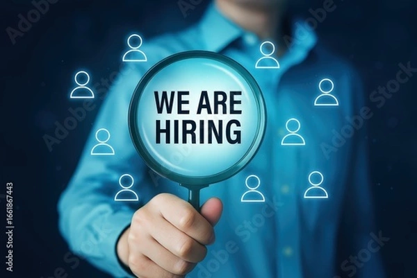 Fototapeta A hand holding a magnifying glass highlighting the message "We Are Hiring" surrounded by digital user icons.